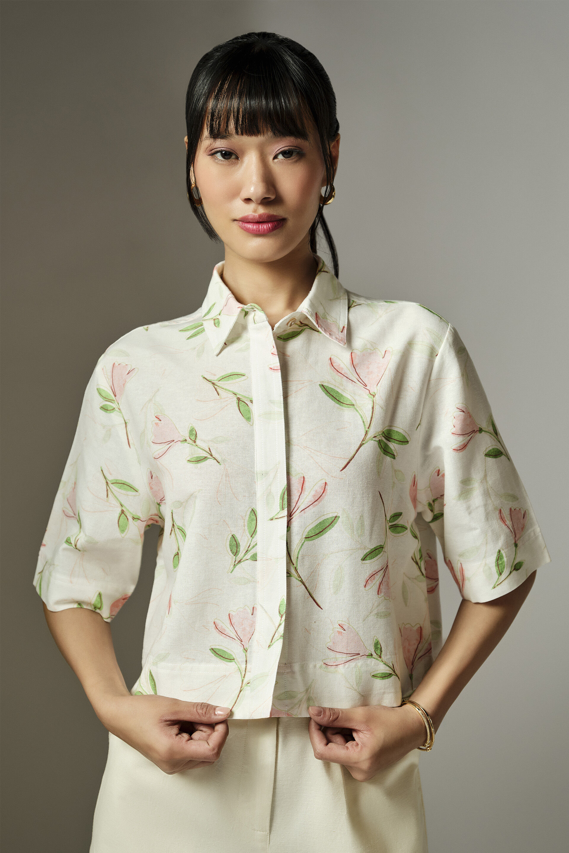 Floral White Cropped Shirt